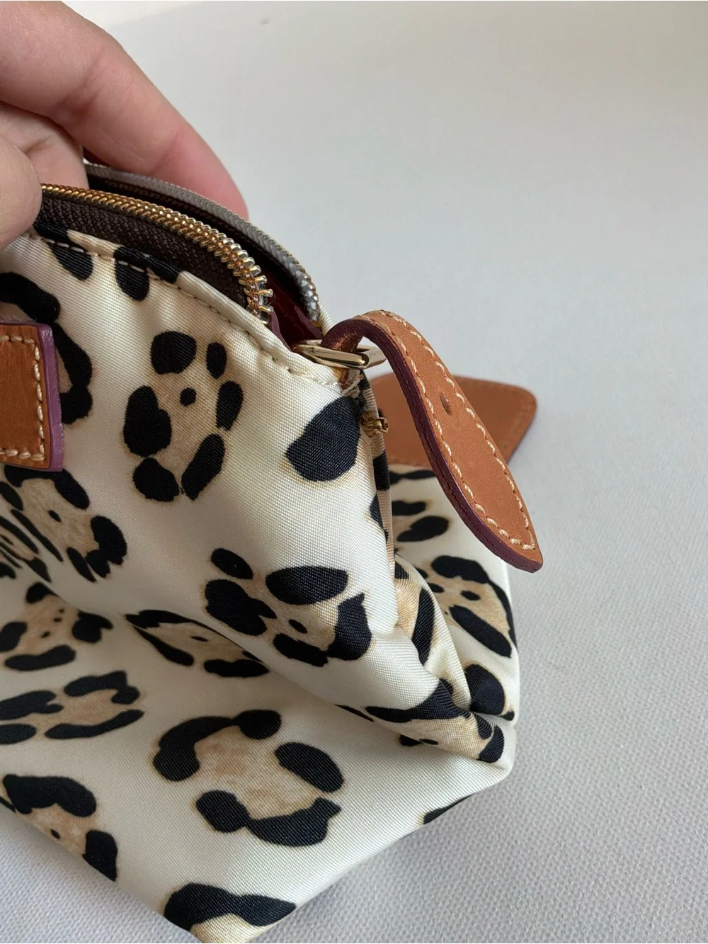 Dooney & Bourke Leopard Print Nylon Satchel Crossbody Bag Leather Trim Tan White